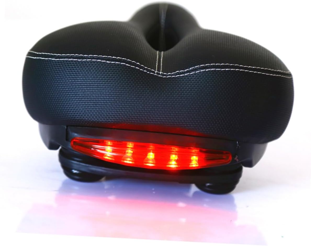 Wide Leather Bike Seat with Dual Spring Suspension Breathable Non Slip Cushion with Integrated Taillight for Men Women Fits Mountain Bikes