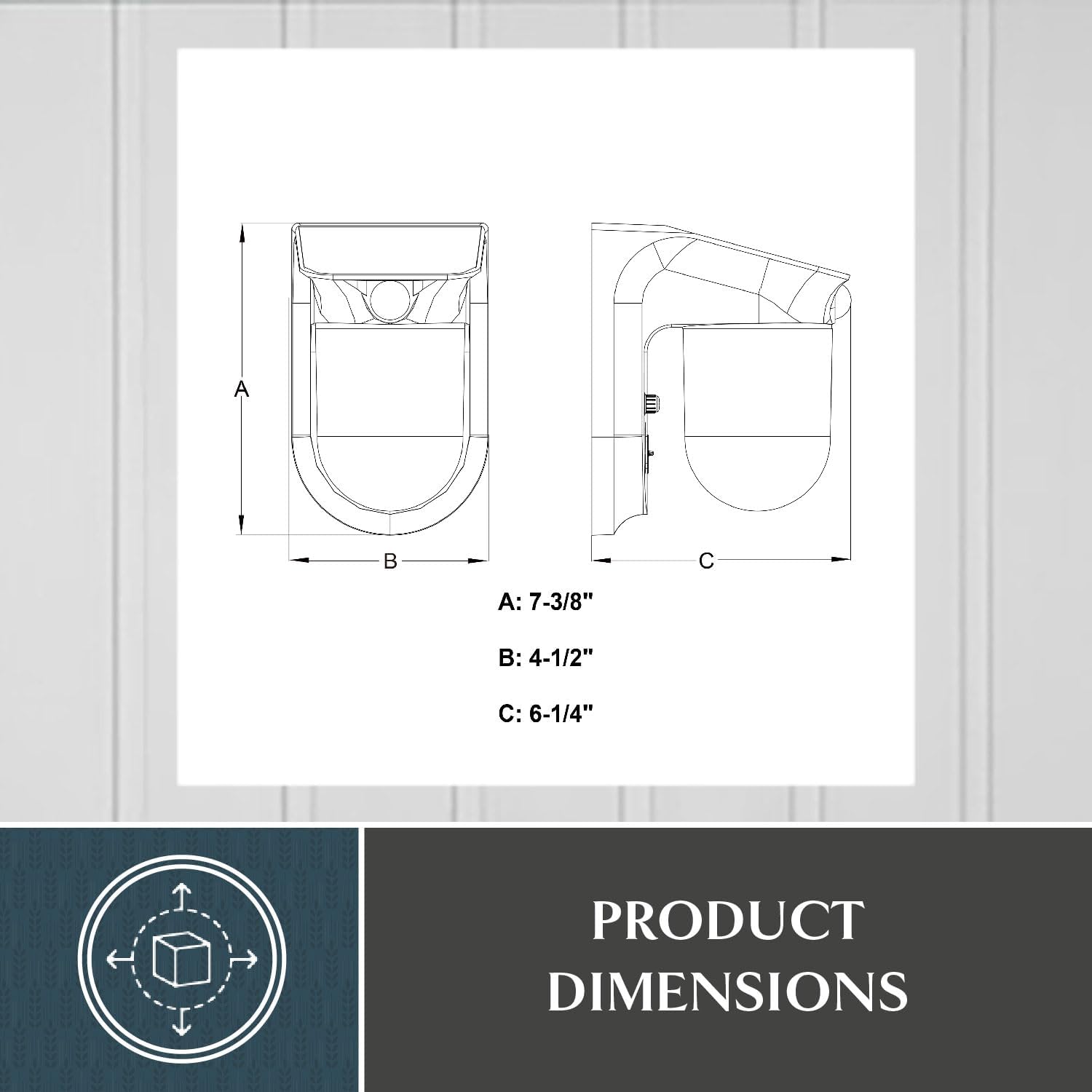 Technical drawing showing the dimensions of the VAXCEL T0724 solar light: 7-3/8 inches height, 4-1/2 inches width, 6-1/4 inches depth.