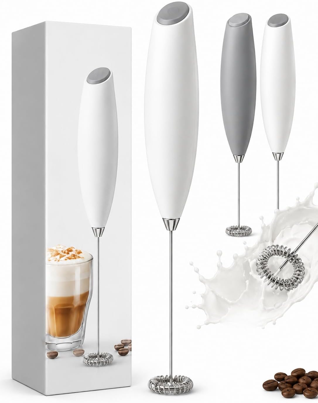Milk Frother Handheld Electric – Durable Drink Mixer for Coffee, Lattes, Cappuccinos & More (white)