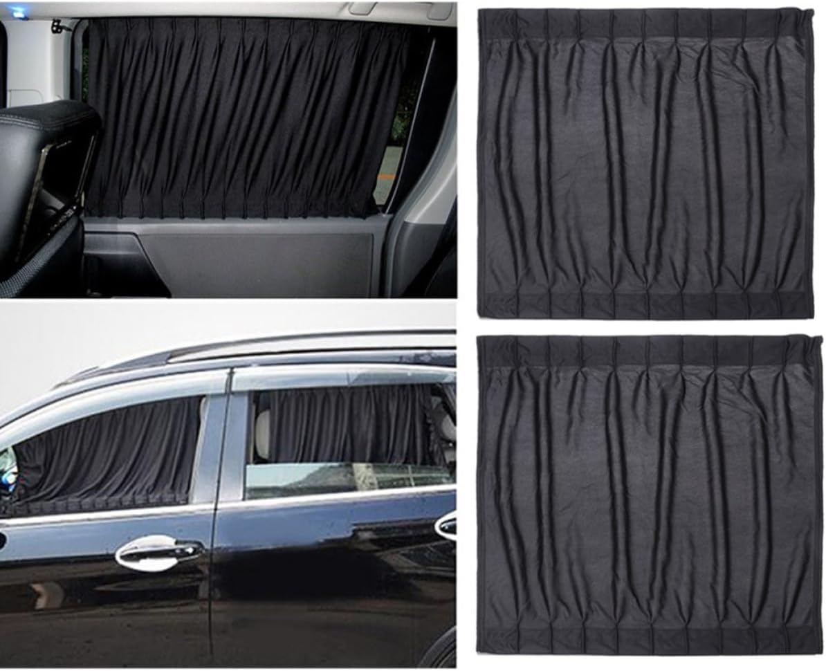 2pcs Car Side Window Curtains Black Polyester UV Protection Privacy Sun Shade with 4 Abs Rails Adhesive Prevent Overheat for Auto Window Shields