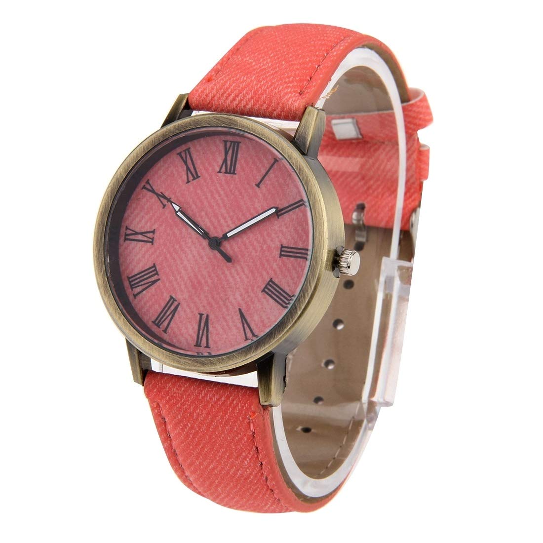 ZZjingli Denim Texture Style Round Dial Retro Digital Display Women & Men Quartz Watch with PU Leather Band(Pink)