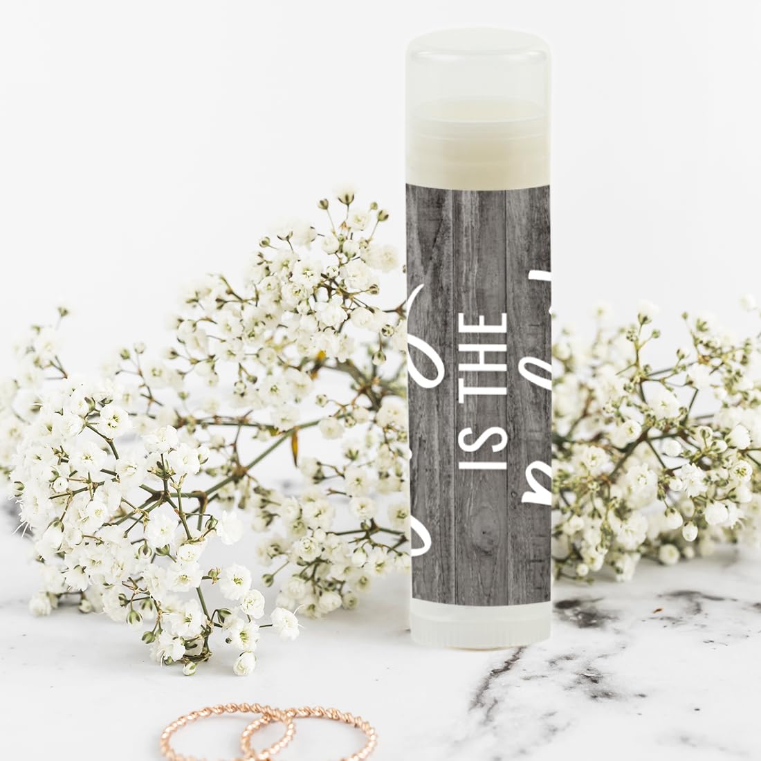 Andaz Press Bridal Shower Bachelorette Party Lip Balm Party Favors, Florals on Gray Rustic Wood, Our Love is the Balm!, 12-Pack