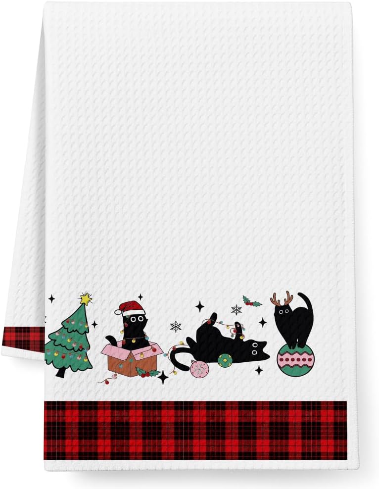 Funny Christmas Black Cats Kitchen Towel Gifts for Women Cat Mom Lover Lady,Cats Dish Towels Baking Cooking Drying Cloth,Cute Hand Towel for Bathroom,Cat Themed Christmas Home Decoration Gifts-22
