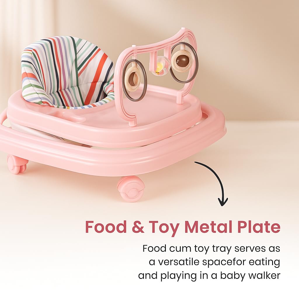 Blushbaby 360° Baby Walker for 6-18 Months | 5-Height Adjustable Activity Walker with Cushioned Seat, Meal Tray & Toy Bar | Foldable & Lightweight Walker for Boys & Girls (Pink) 4