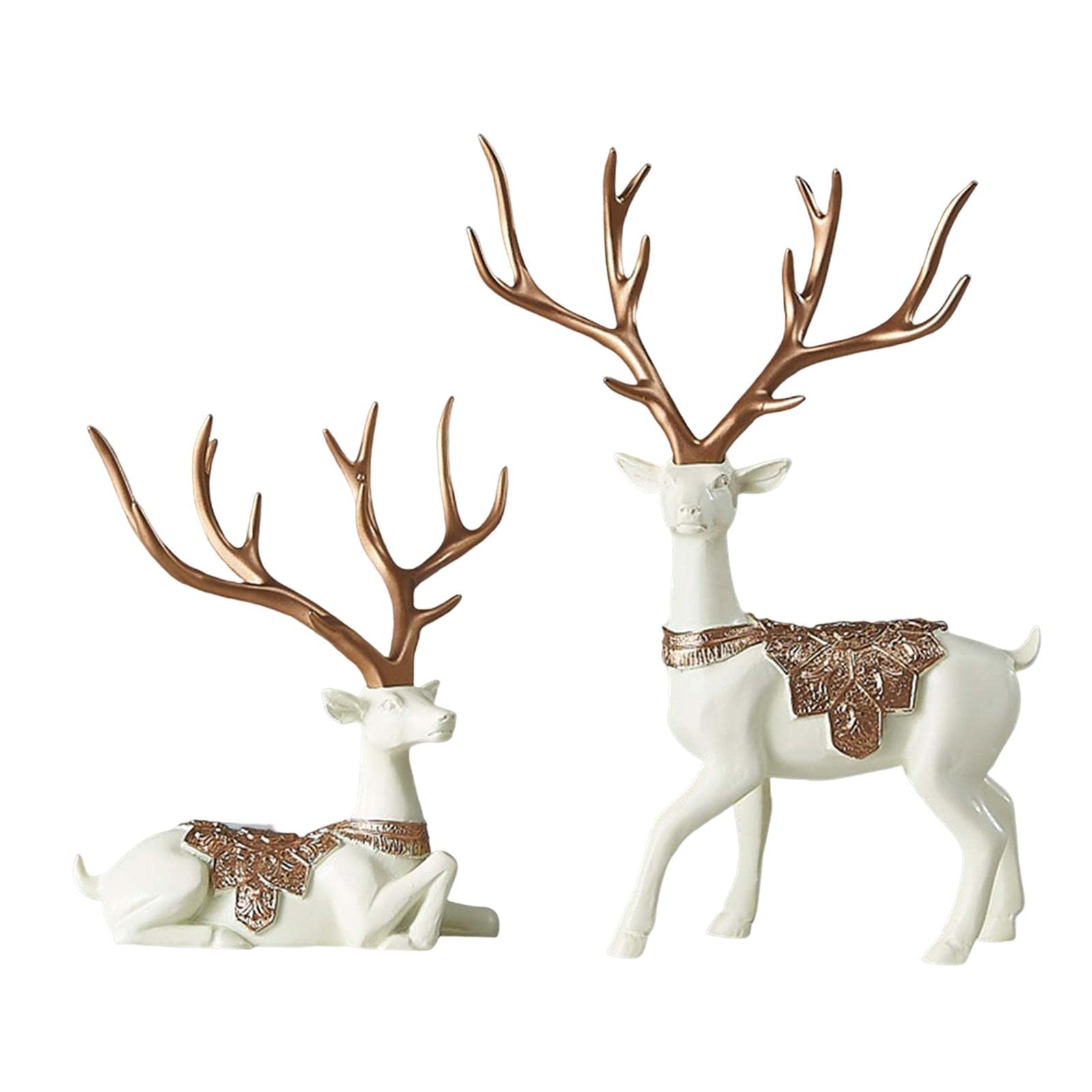 Sculpture de cerf en résine beige formant un couple de rennes élégant