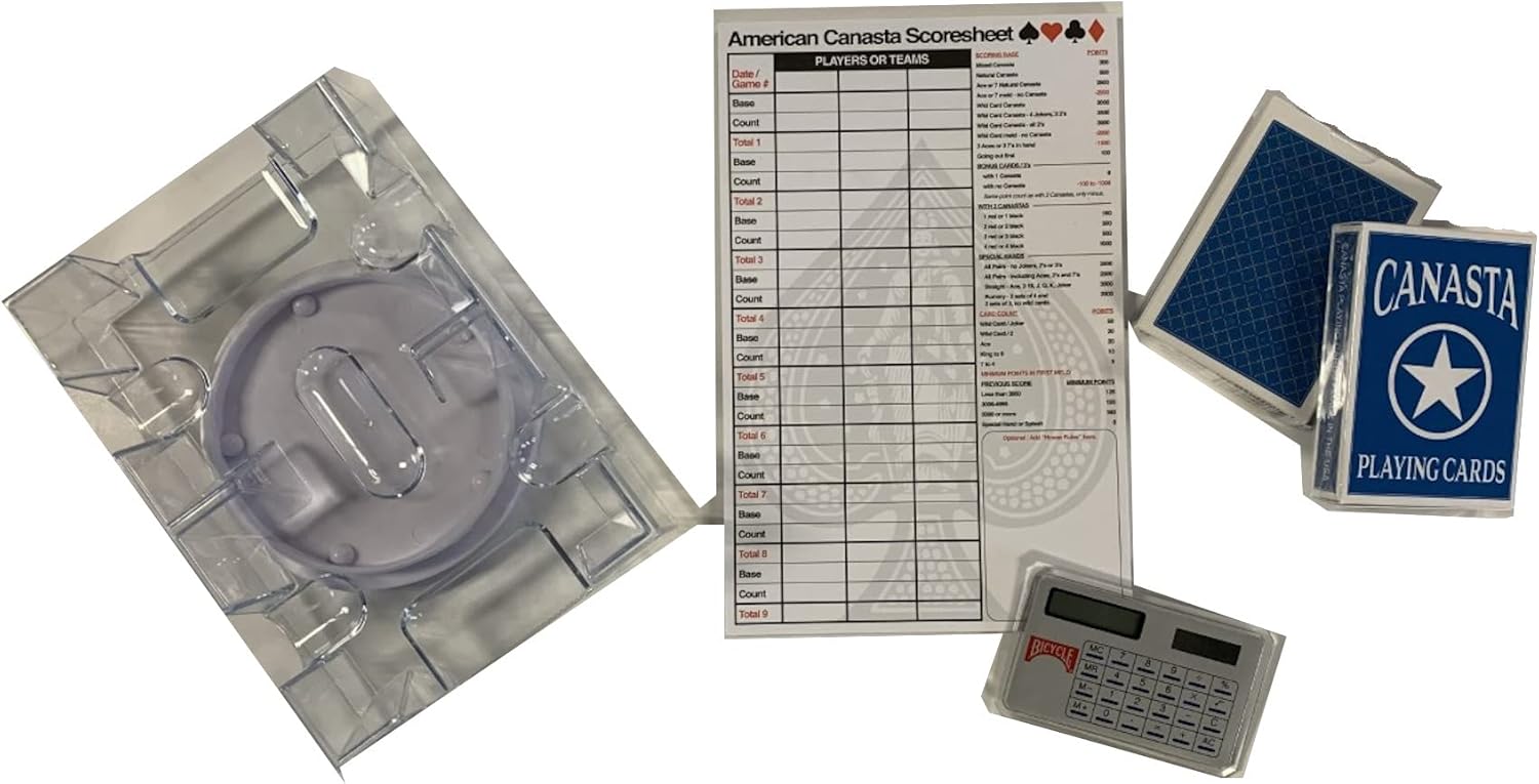 American Canasta Set 2 Blue Decks of Cards, Score Sheet, Revolving Card Tray and Bicycle Calculator