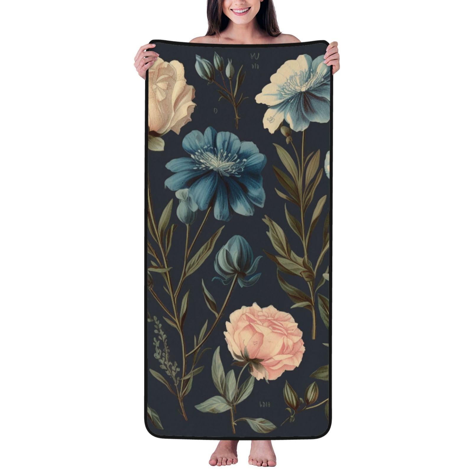 WPKJU Floral Printed Bath Towel with Black Edging - 27x55 in Soft Extra Absorbent Coral Velvet Shower Towels for Bathroom