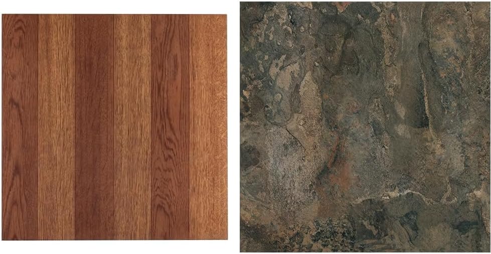 Tivoli 45 Tiles 12" x 12" Medium Oak Plank-Look & Nexus 20 Tiles 12" x 12" Dark Slate Marble Pattern Vinyl Floor Tiles by Achim Home Decor