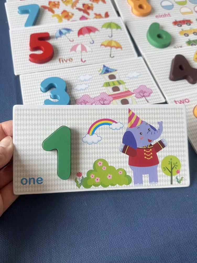 Montessori - Tarjetas de aprendizaje de números, rompecabezas de reconocimiento de números con imagen