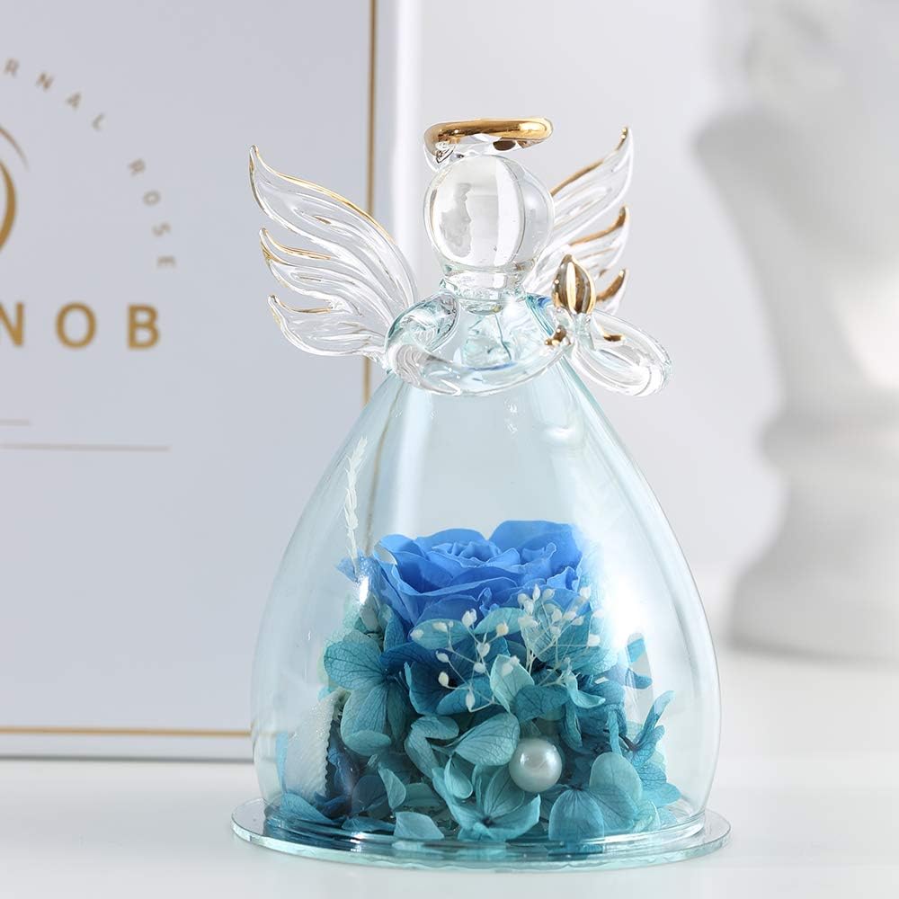 ANLUNOB Valentines Day Gifts for Wife Mother Day Rose Gift Birthday Gift for Women Angel Gifts for Her Artificial Flowers in A Glass Dome Angel Gift Idea for Her Forever Rose Anniversary Wedding Gifts