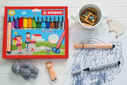 STABILO - Gefederter Dreikant-Filzstift - Trio Scribbi - 14er Pack - mit 14 verschiedenen Farben