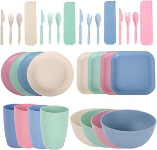 32pcs Unbreakable Dinnerware Sets for 4 People, Picnic Camping Dinner PP Sets, Cups Bowls Plates and Cutlery Set, Lightweight Reusable Dinnerware Sets for Picnic Outdoor Party (A)