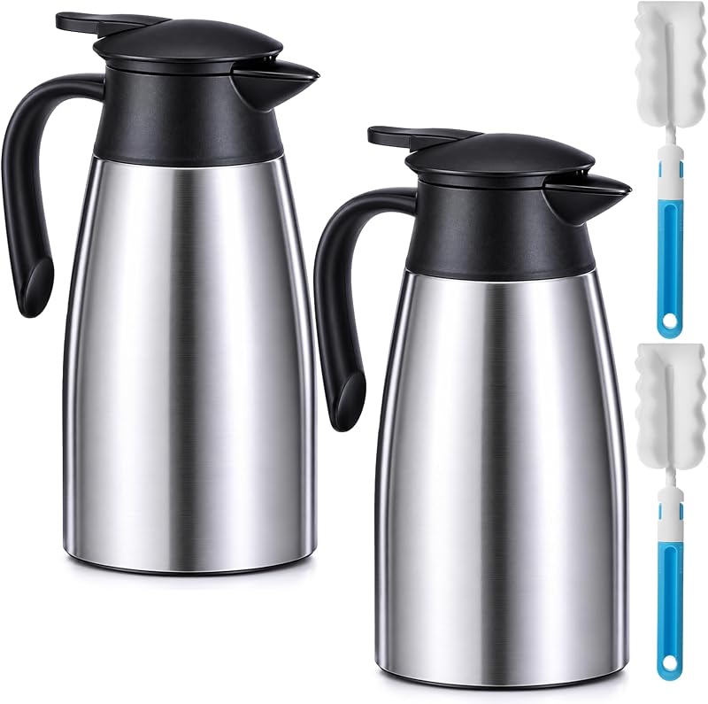 2 PCS 68 OZ Thermal Coffee Carafe, Insulated Stainless Steel Creamer Pitcher Double Walled Vacuum Thermal Pot Flask with Brushes for Keeping Hot Water Milk Coffee Tea Home and Office