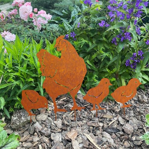 JYUECIAN Hühner Gartenstecker 4er Ostern Rost Deko Gartendeko für Draußen, Edelrost Metall Huhn Küken Roststecker Bauernhof Frühling Deko