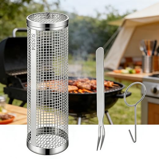 Um conjunto de cestas de grelha com rodinhas para churrasqueira ao ar livre com garfo, gancho, aço inoxidável - presentes perfeitos para o pai, itens essenciais para acampamento, presentes exclusivos