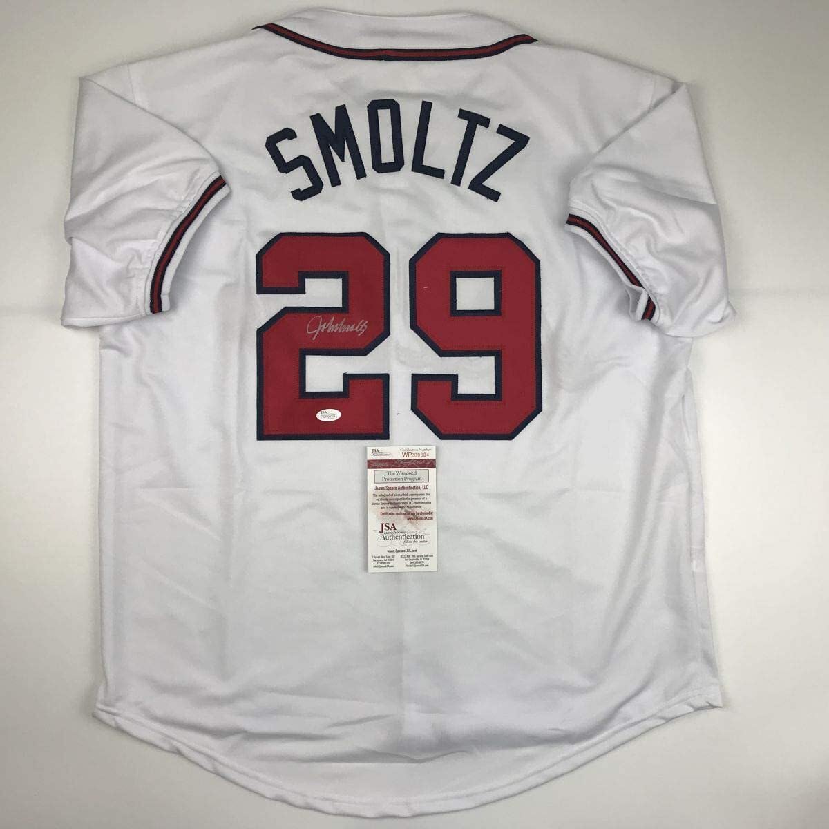 Autographed/Signed John Smoltz Atlanta White Baseball Jersey JSA COA