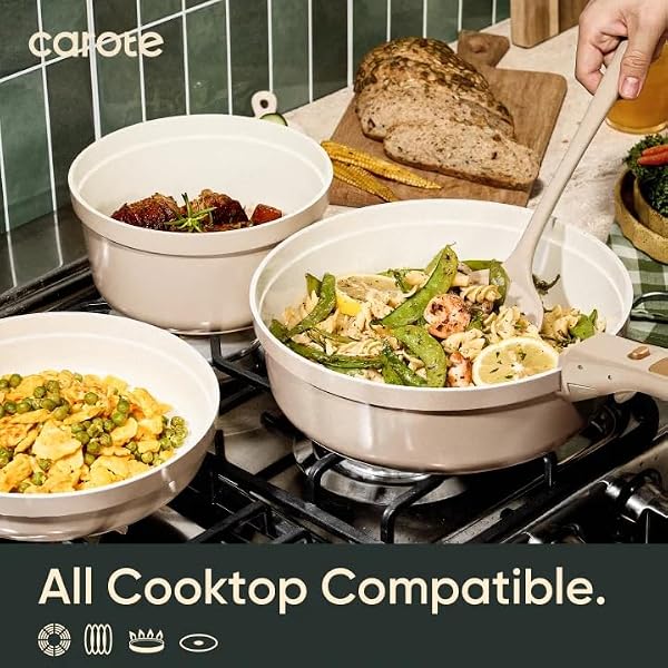 CAROTE 18 Pcs Ceramic Cookware Set Titanium Nonstick with Detachable Handles, Non Toxic Cookware, Pots and Pans Set Non Stick Removable Handles, Induction Available, Kitchen Cooking, Dishwasher Safe by CAROTE - Image 6