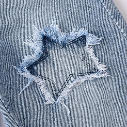 Girls Star Applique Jeans Elastic Band Straight Leg Jeans with Pockets Vintage Y2K Streetwear Aesthetic Teen Fall Denim Pants3