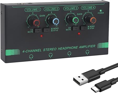 Horse Headphone Amp Amplifier, 4-Channel Metal Stereo Audio Amplifier, Mini Earphone Splitter, 1/4" 1/8" TRS/TS Audio Input and Output for Music Studio, DC 12VGreen&Black