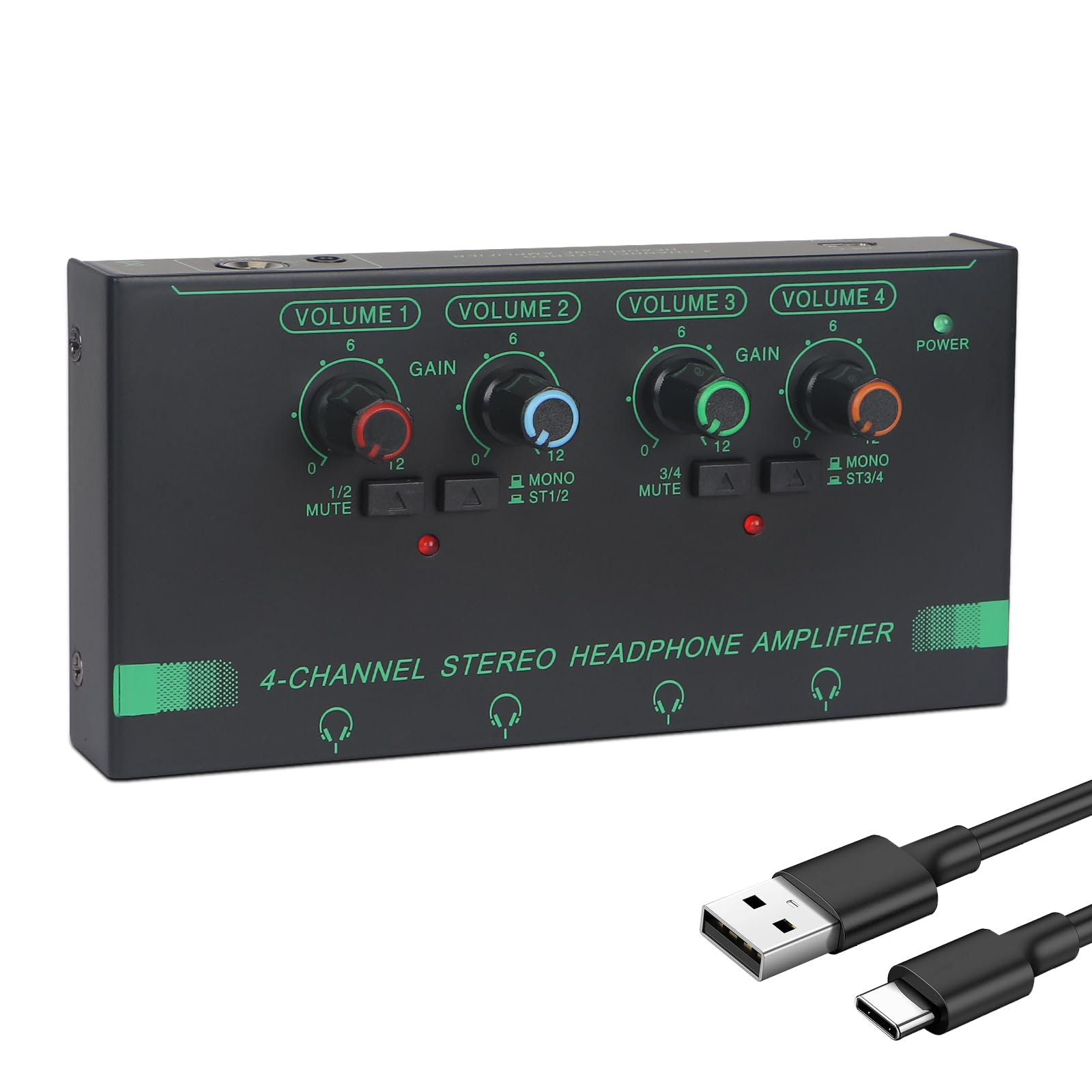 Horse Headphone Amp Amplifier, 4-Channel Metal Stereo Audio Amplifier, Mini Earphone Splitter, 1/4" 1/8" TRS/TS Audio Input and Output for Music Studio, DC 12V(Green&Black)-image-49