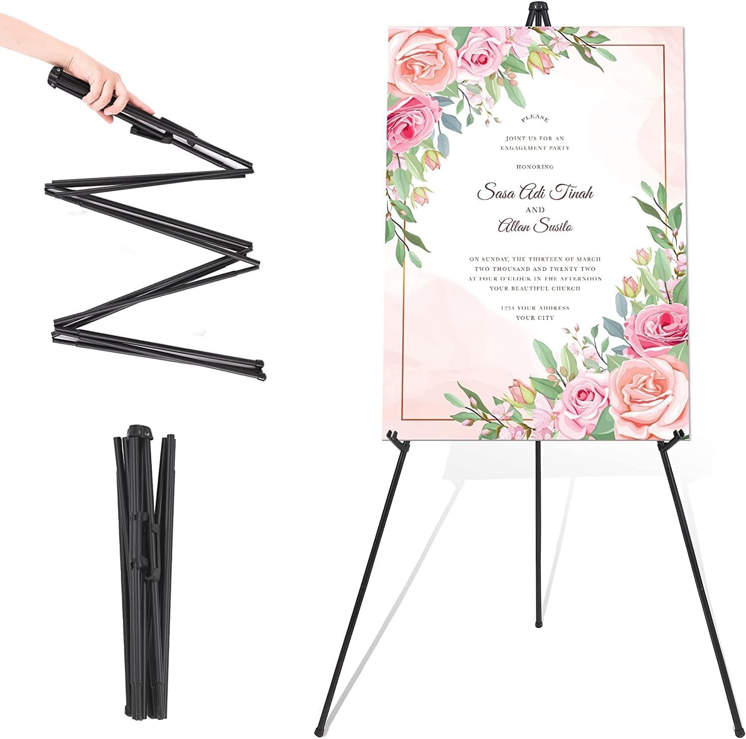 Easel Stand for Wedding Sign & Poster 63'' Tripod Collapsible Portable Artist Floor Easels for Display Show - Easy Folding Telescoping Adjustable Art Poster (Black-1pcs)