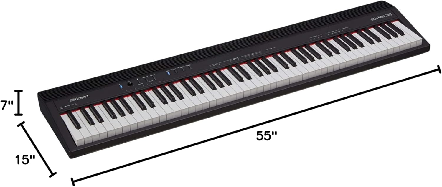 Roland GO:PIANO 88 with dimensions labeled