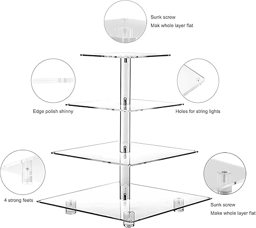 Miniatura 5 de Soporte para Cupcakes, Portacupcakes Cuadrado de 4 Niveles con Tira de Luces LED, Exhibidor de Torre Acrílica para Cupcakes-Torre de Postres-Soporte