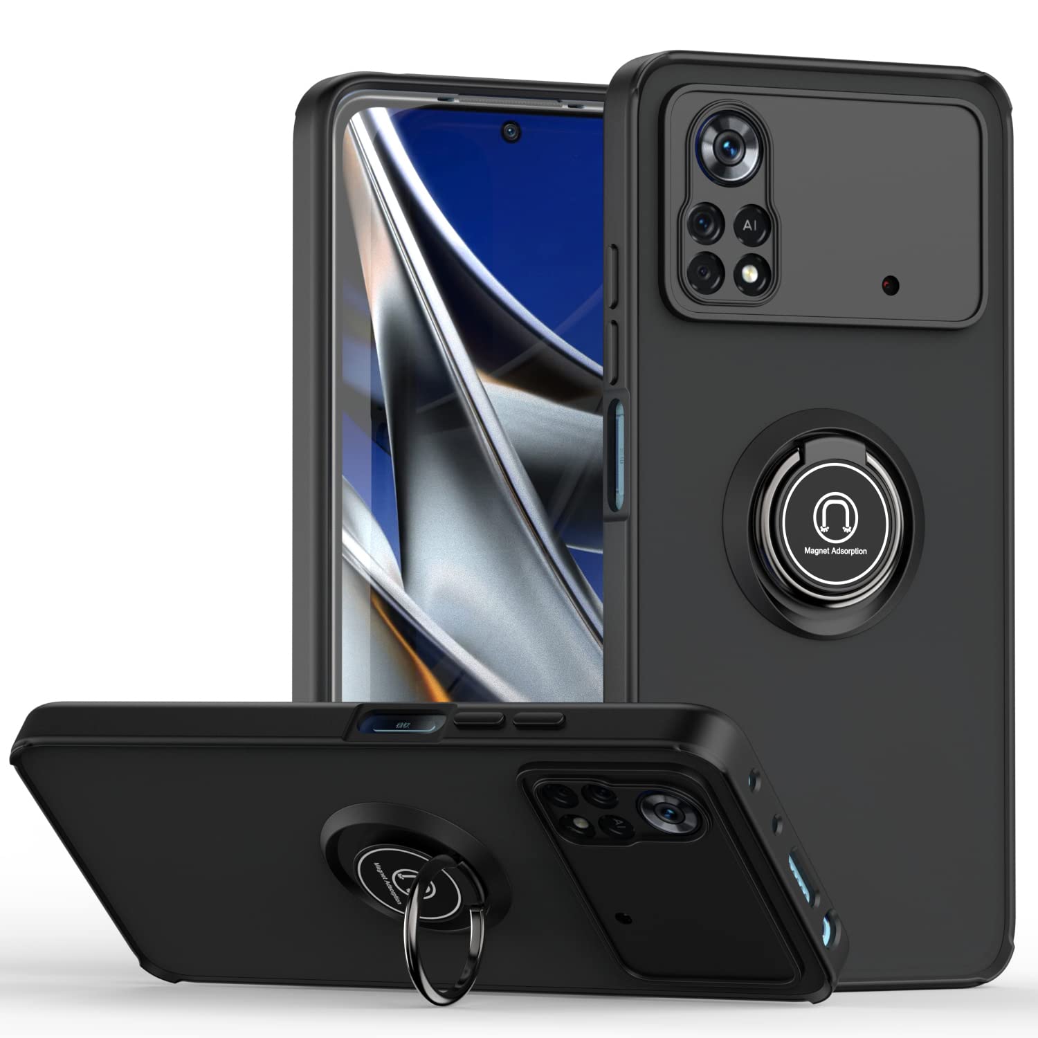 Custodia XINYEXIN Per Xiaomi Poco F4 Con Supporto Ad Anello 360°, Antiurto E Antigraffio, Colore Verde Militare, Traslucida - 3