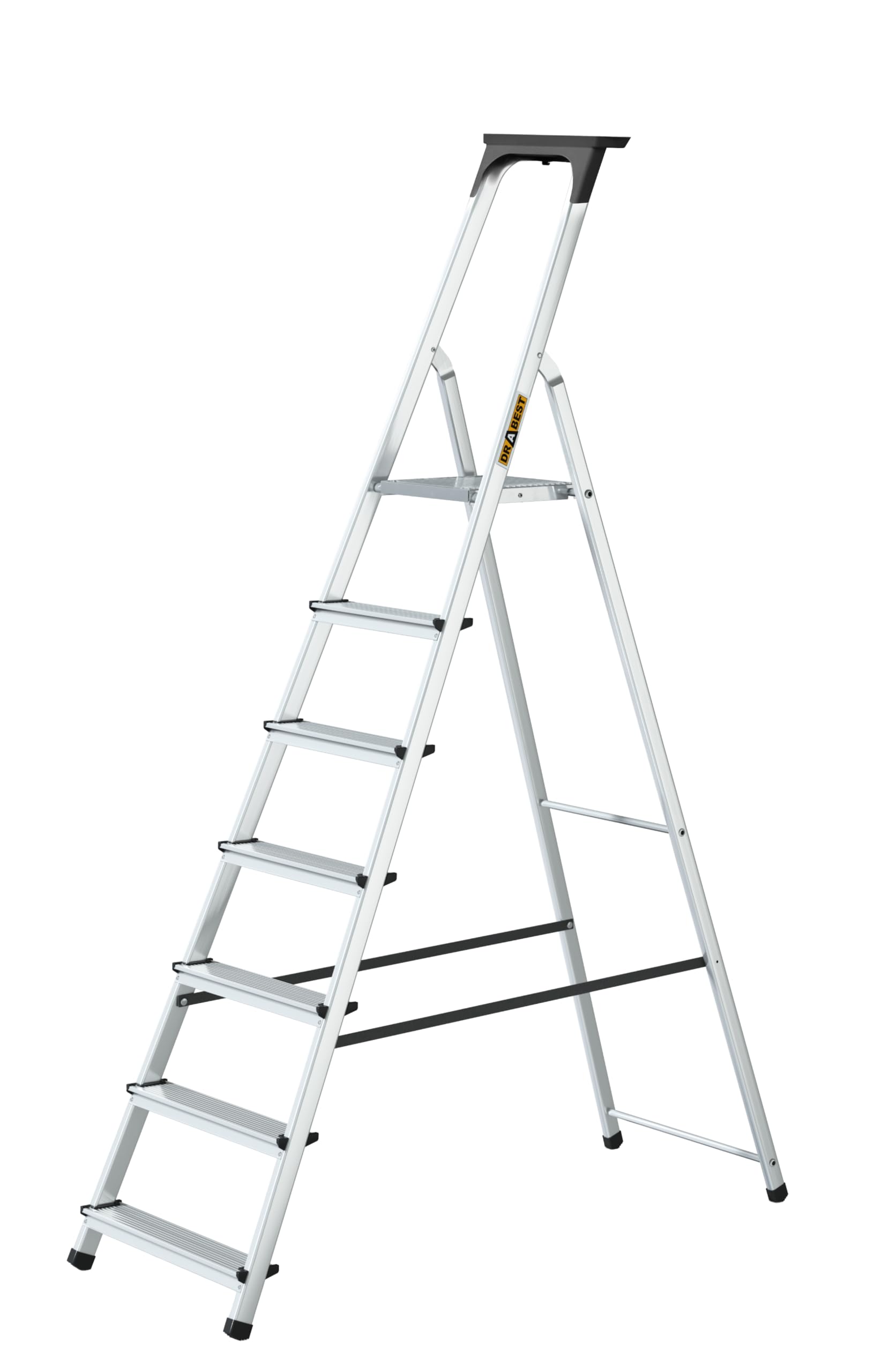 Drabest Black 7 Step Ladder Folding - Aluminum Folding Ladder - Lader With A Tool Shelf & Work Platform - Stepladders 7 Tread - Capacity 125 Kg - Multi-Purpose Ladders - 50X215x11cm