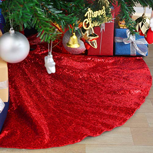 B-COOL Shiny Tree Skirts for Christmas Elegant Christmas Tree Skirts Xmas Holiday Red Tree Floor Carpets Fabrc Round 36inches