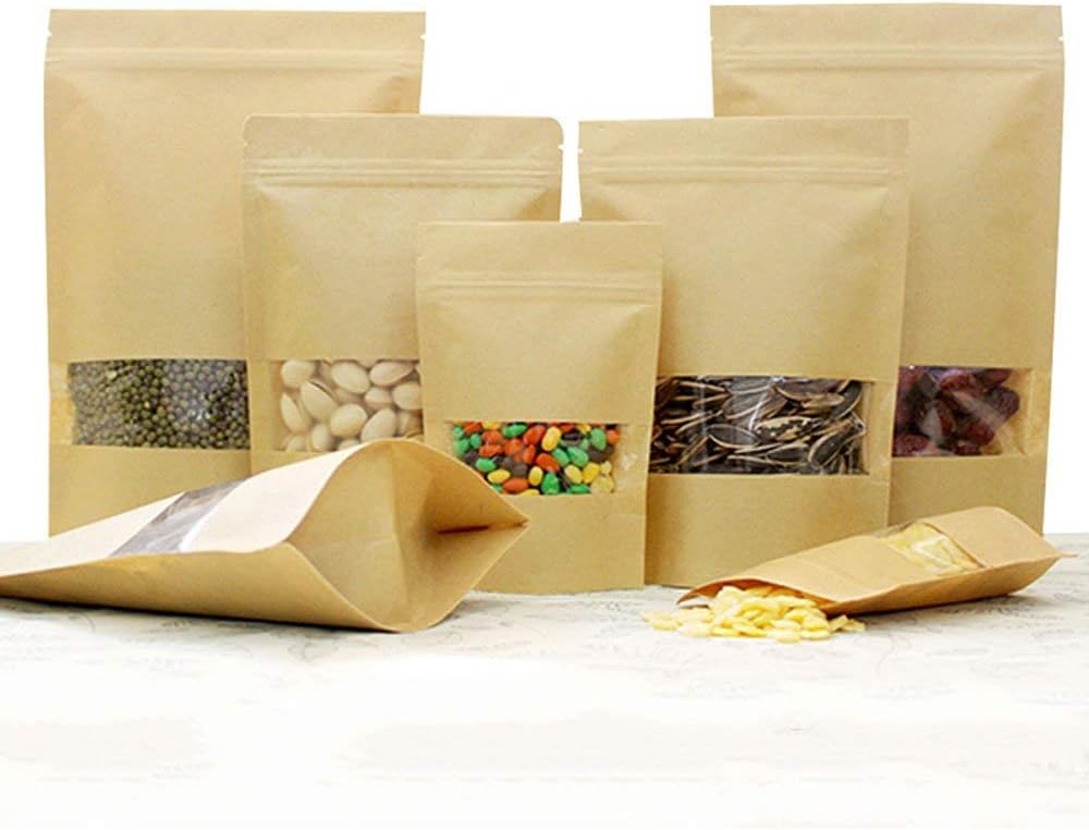 Ziplock Grip Standable Seal Bags Waterproof Kraft Paper Stand Up Pouch with Transparent Window Food Storage Pouches Packing Bag for Coffee Bean Tea Leaf and Snacks (Multi-sized)