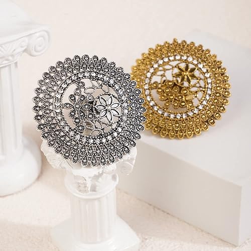 Miniatura 8 de Jumwrit Anillo redondo grande con diamantes de imitación, anillo de envoltura abierta, anillo vintage con flor grabada, anillo de dedo ajustable