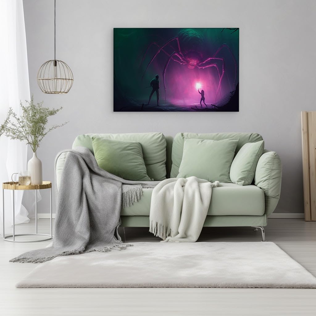 Canvas for Living room. Facing the Neon Terror: A Duel with the Colossal Spider in the Shadows, 27 x 18 inch Canvas Wall Art - Modern Home Decor - 69x46 cm (27x18 inch)
