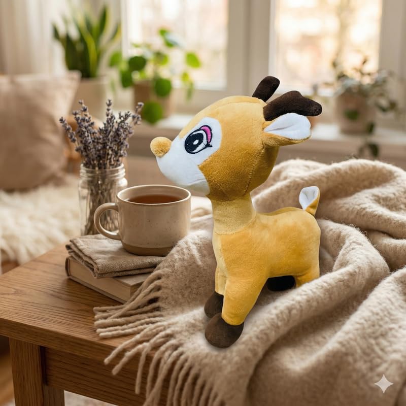Image of HUG 'n' FEEL SOFT TOYS 30 cm Brown Deer Plush Toy - Soft Huggable Stuffed Animal | Cute Cuddly Deer Doll for Kids, Girls & Boys | Birthday Gift & Room Decor