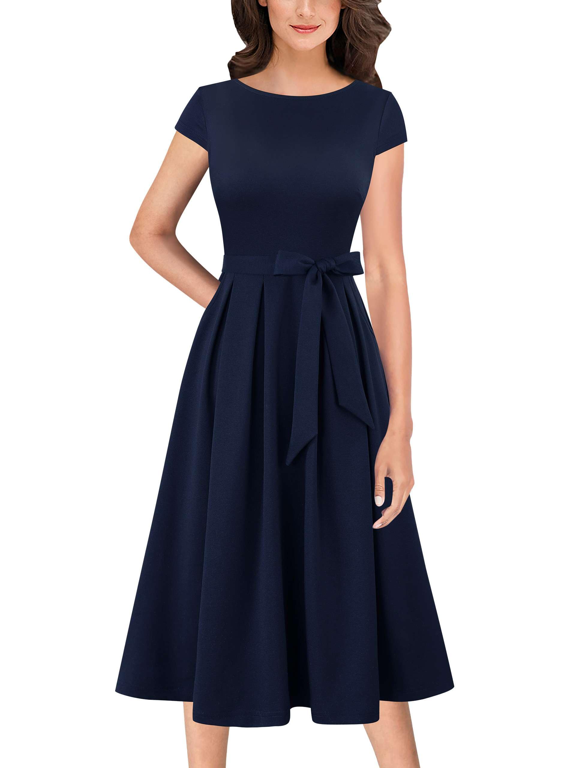 VFSHOW Womens Work Business Casual Church Pockets Belted A-Line Midi Dress