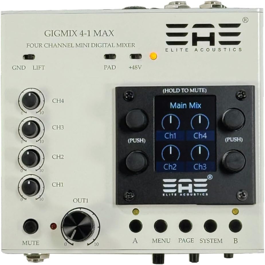 Elite Acoustics GigMix 4-1 MAX mini Digital Mixer with 4 Input channels/Reverb/Delay