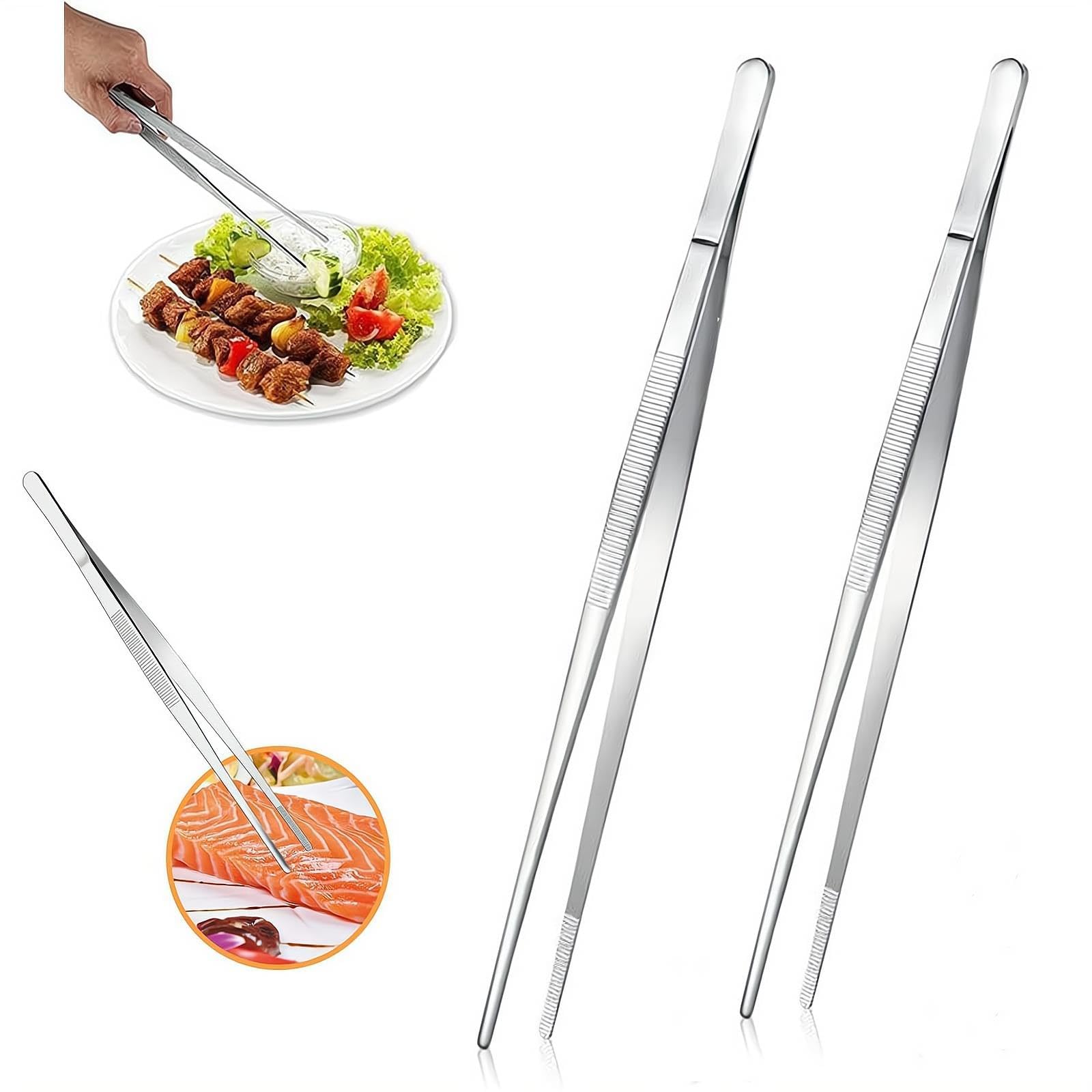 2Pcs Stainless Steel Kitchen Tweezers, 12-Inch Culinary Fine Tweezer Tongs Food Tongs for Cooking Tongs with Precision Serrated Tips for Surgical & Sea Food (12-Inch/2Pcs)