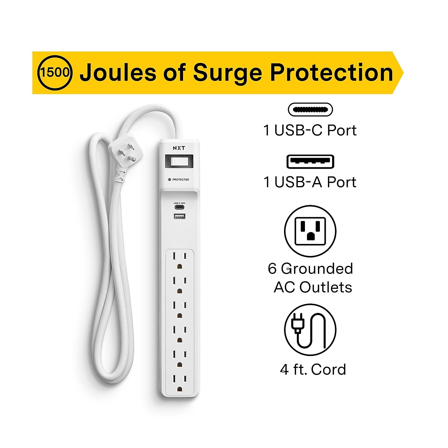 Staples NXT Technologies 6-Outlet Plus USB Surge Protector, 4-ft Cord, 1500 Joules (NX61426)