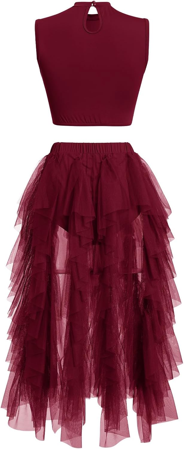 AFAVOM Women Lyrical Dance Costume Contemporary Dancing Dress Up Sleeveless Crop Top + Asymmetrical Leotard Skirt Dancewear