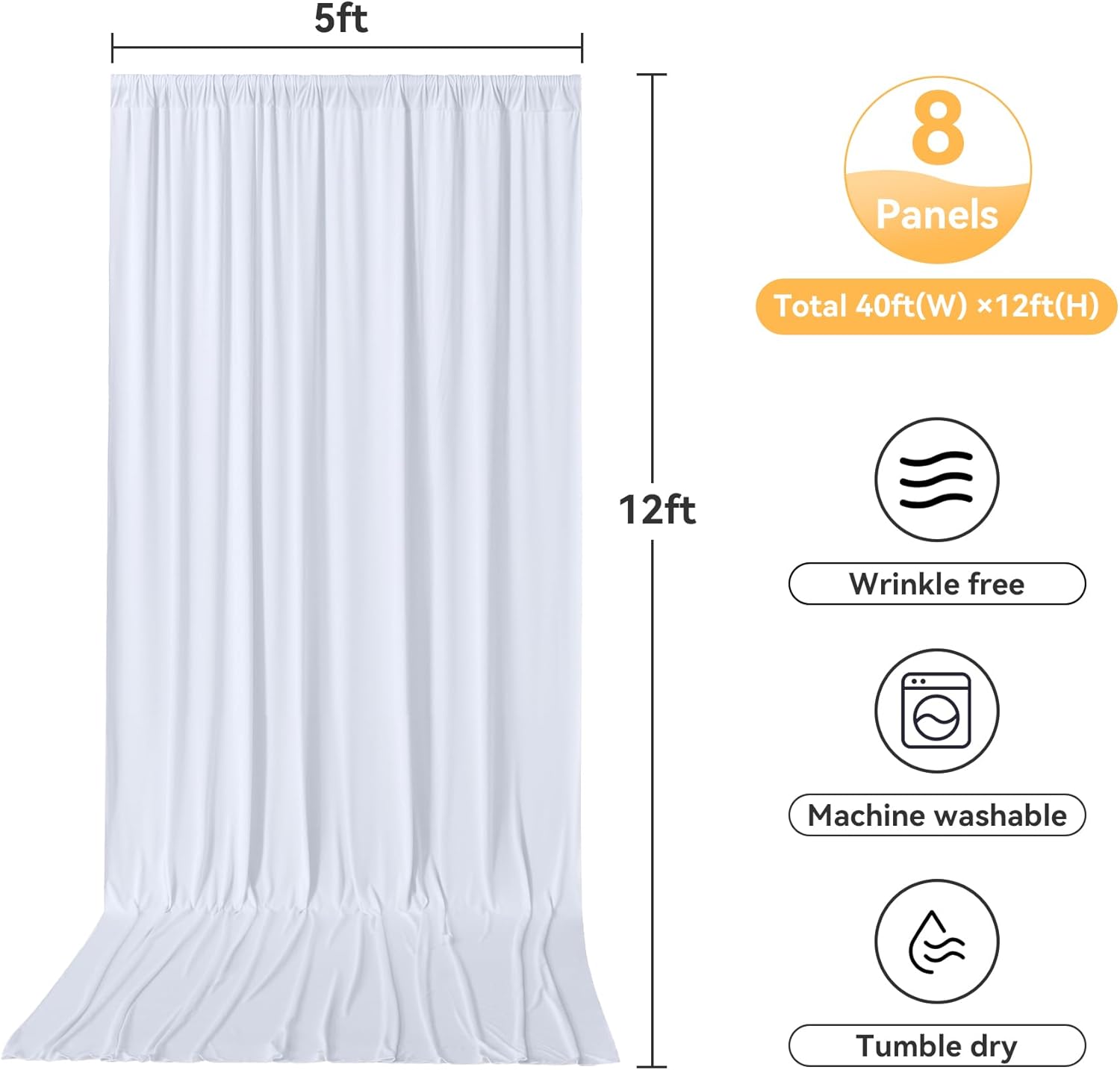 8 Panels 5x12ft White Backdrop Curtains for Wedding Parties, Wrinkle Free Polyester Photo Backdrop Drapes 12 ft Long Back Drop Cloth Drapery for Birthday Baby Shower Photography Party Background