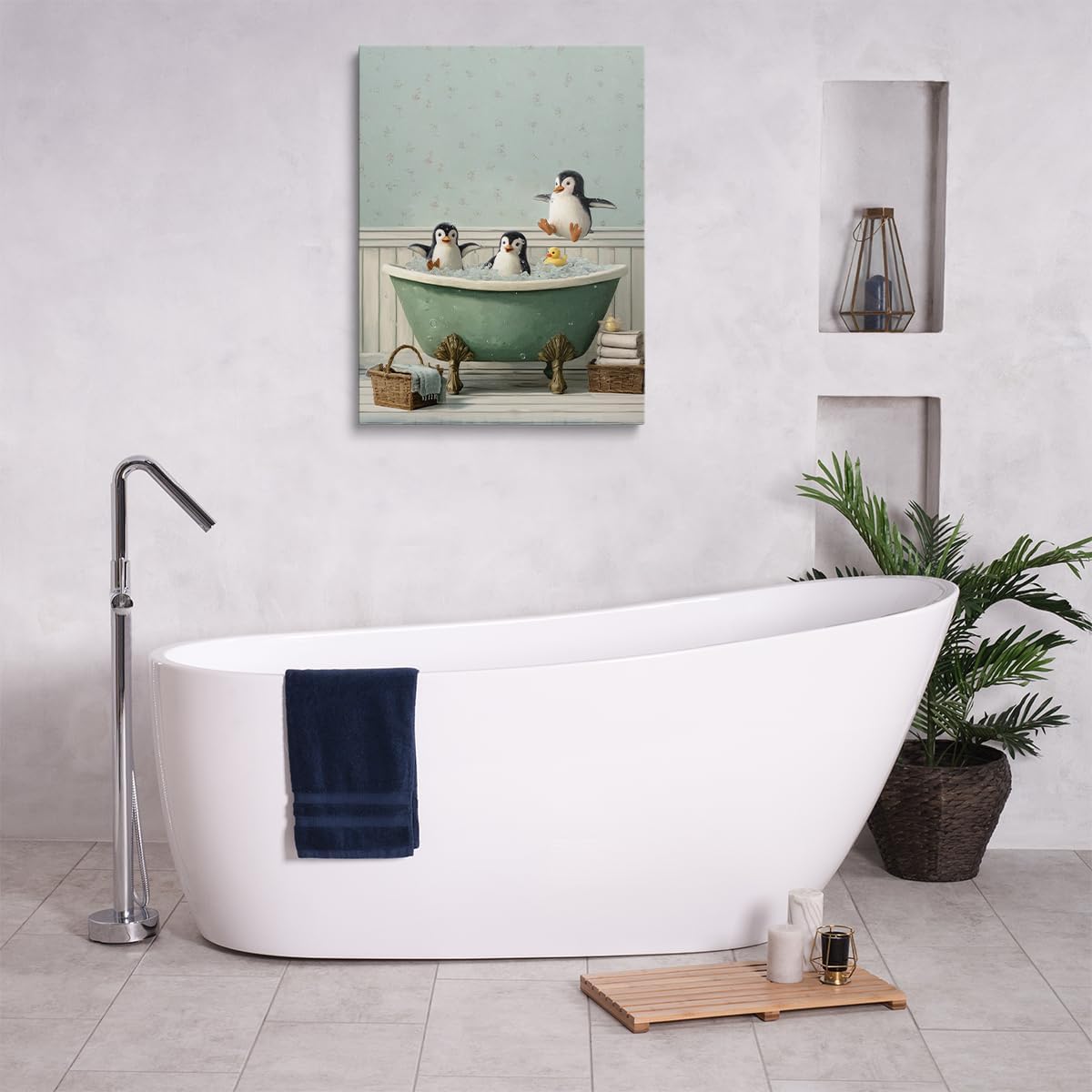 Amovlov Funny Bathtub Penguin Wall Print Funky Yellow Duck Canvas Posters Retro Style Indoor Animal Print for Bathroom Office, Restroomtoilet Wall Decor Framed Ready to Hang (12''x16'')