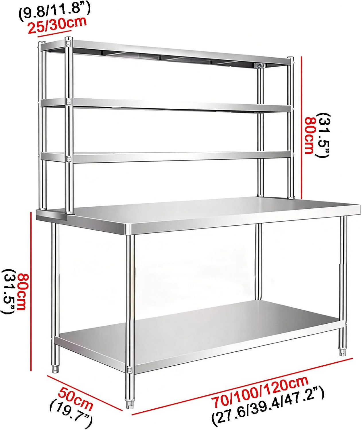 Stainless Steel Workbench with Three-Tier Upright Frame Worktable Kitchen Prep Station Open Shelving Unit Double-Layer Metal Prep Table Easy Installation Adjustable Shelves(70x50x80cm+70x25x60cm)