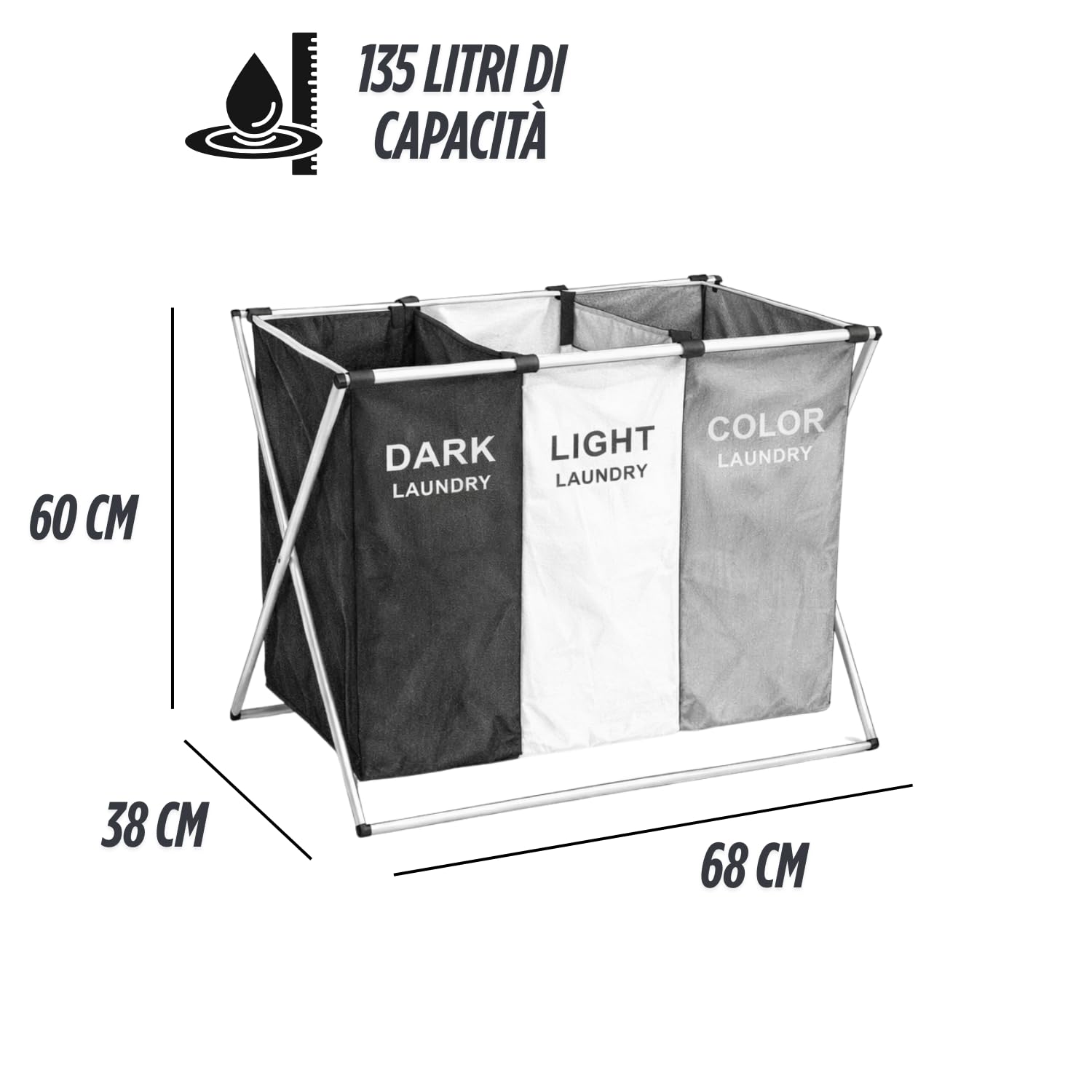 Cesto Portabiancheria Sporca Pieghevole Salvaspazio 3 Scomparti da 135 L con Manico Porta Biancheria 68x38x60 cm Sacchi Estraibili Lavabili Cesta Panni Bucato per Bagno Lavanderia Hotel