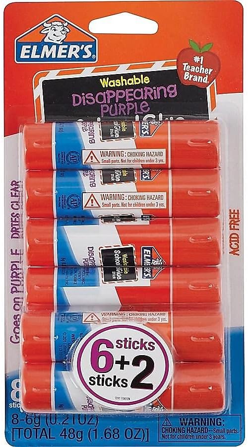 Elmer’s Disappearing Purple School Glue Sticks, 0.21 oz Each, 8 Sticks per Pack (E1591)