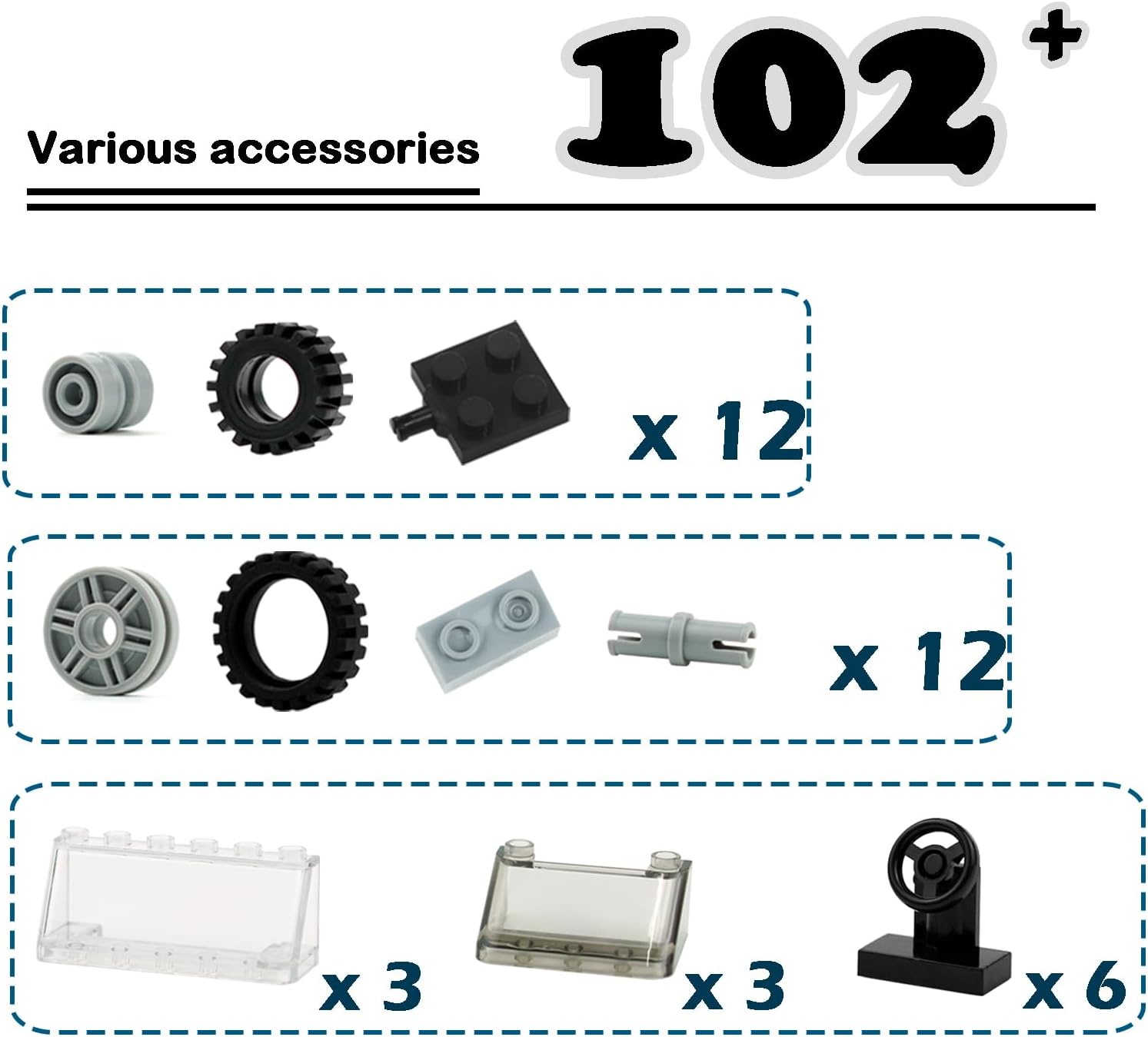 Pamvava Wheels and Axles Sets Tires, 102 Car Parts and Pieces, Windshield Steering Wheel Chassis Bricks Educational Toys