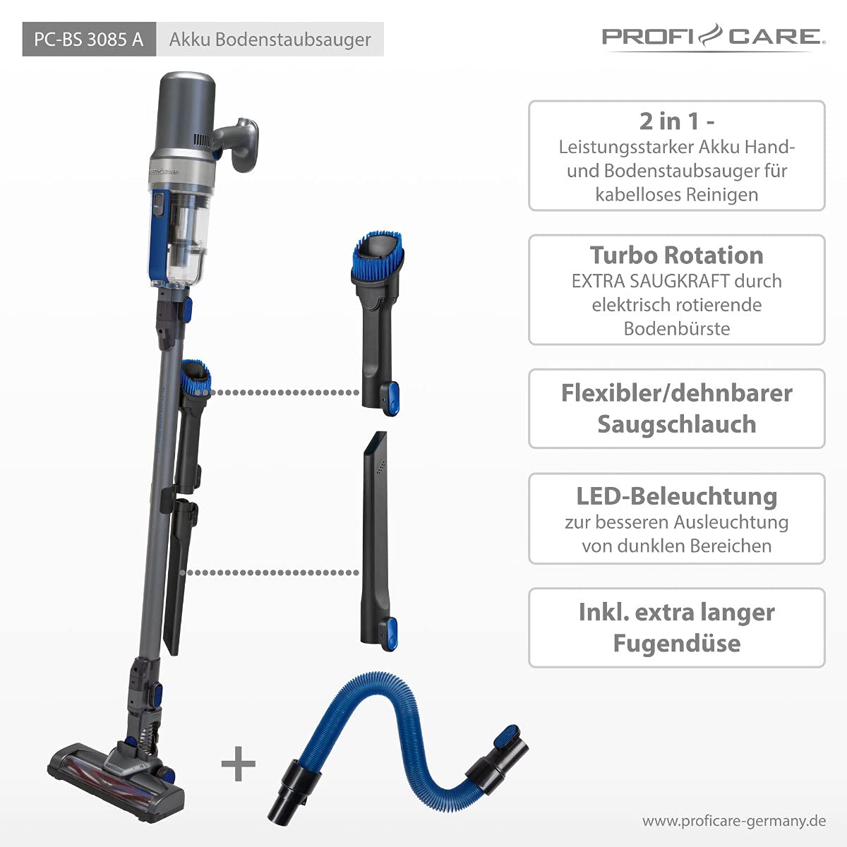 ProfiCare PC-BS 3085 A Akku Bodenstaubsauger, Eco-Cyclon-Twin-Spin Akku-Sauger mit 25,9 V Lithium-Ionen-Akku (2200 mAh), Inkl. flexiblem und dehnbarem Saugschlauch, anthrazit-blau