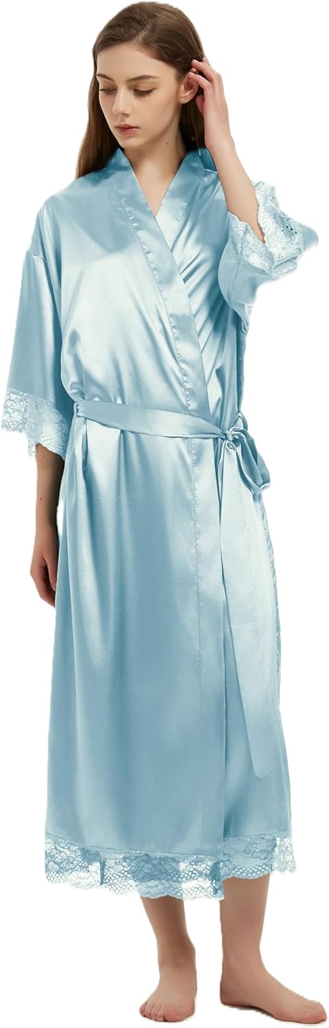 Women's Satin Robe Long Silk Kimono Bathrobe Lace Trim Bride Bridesmaid Robes Wedding Party Sleepwear Loungewear - Image 2