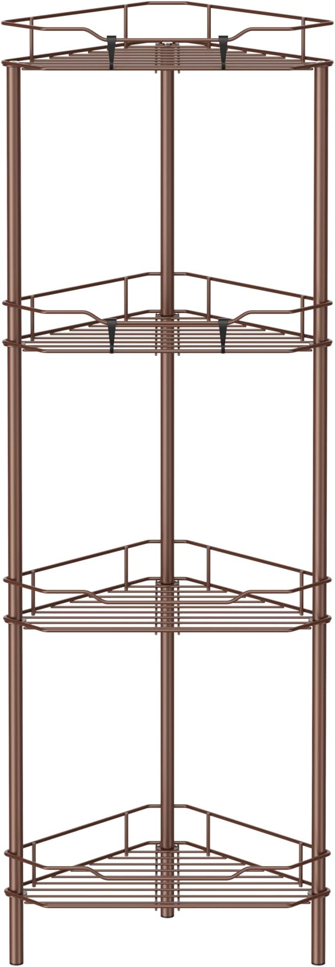 HuggieGems 4 Tier Floor Standing Corner Shower Caddy Organizer Shelf with Hooks, Bathroom Shelves Stand Rack, Coffee