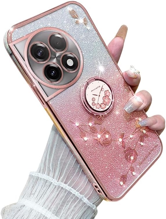 Silicone Cover for Oneplus 11R Case, TPU with Metal Ring Stand Protection Cover Luxury Plating Glitter Cute Flowers Design Case Compatible with Oneplus 11R Protective Shell for Women Girls (Pink)