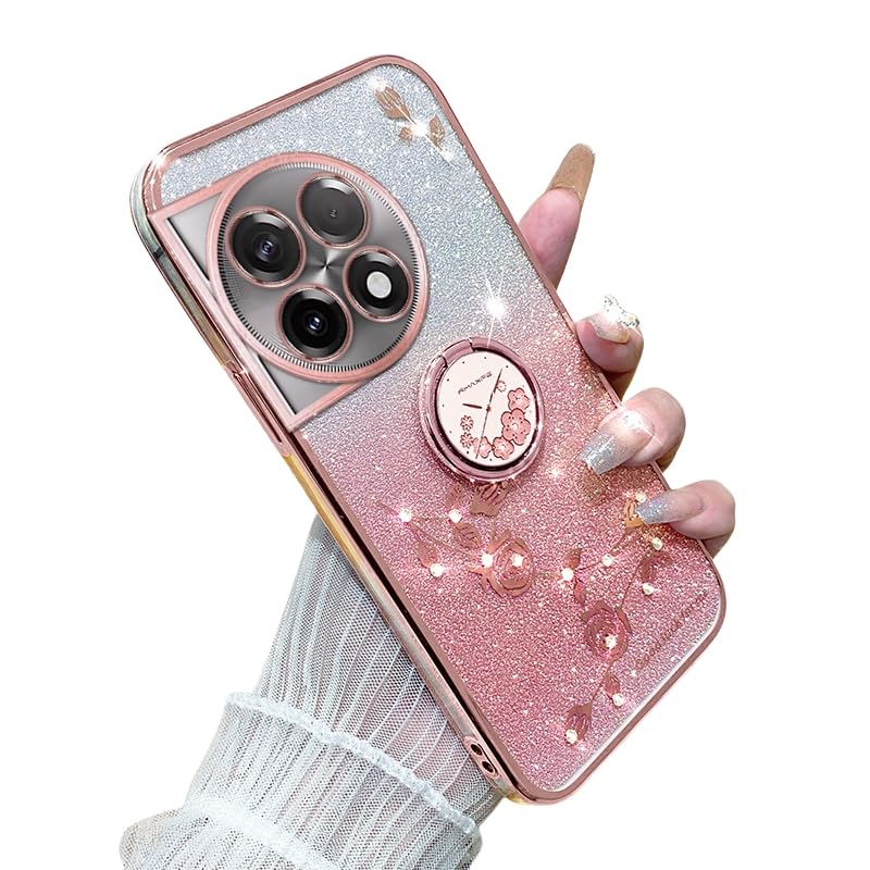 Silicone Cover for Oneplus 11R Case, TPU with Metal Ring Stand Protection Cover Luxury Plating Glitter Cute Flowers Design Case Compatible with Oneplus 11R Protective Shell for Women Girls (Pink)